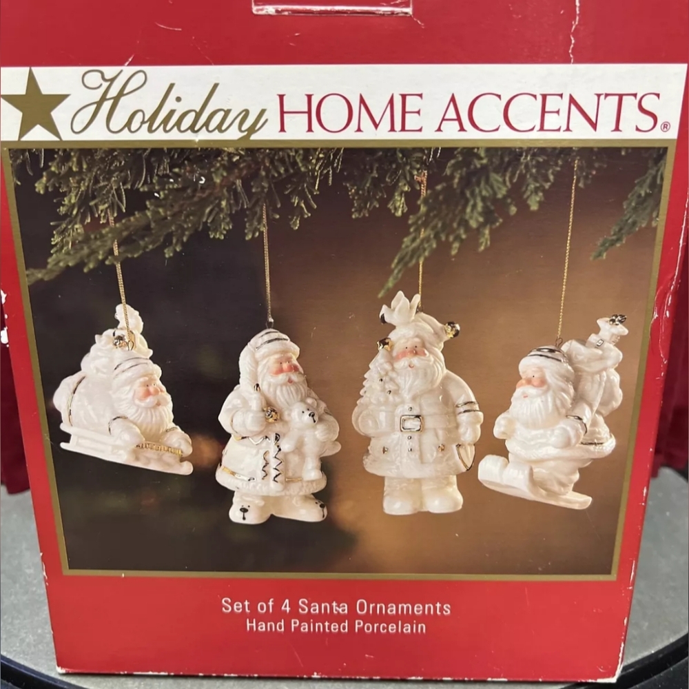 Holiday Home Accents Set Of Four Santa Ornaments Hand-Painted Porcelain 4”